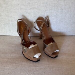 FENDI  Women’s Suede Open Toe Platform Ankle Strap
Heels Tan Size 38